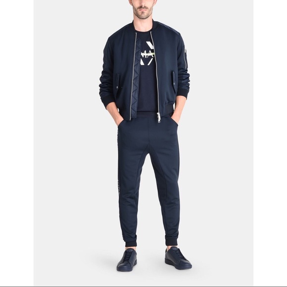 Armani Exchange Men’s Navy Neon Green Lining Neoprene Utility Bomber Jacket - Picture 1 of 15